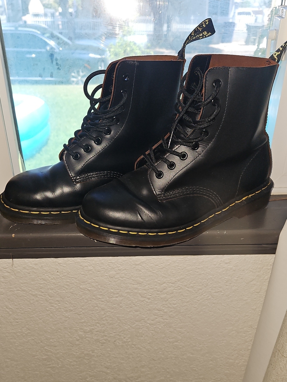 Dr. Martens Black Leather Lace-Up Combat Boots with Yellow Stitching